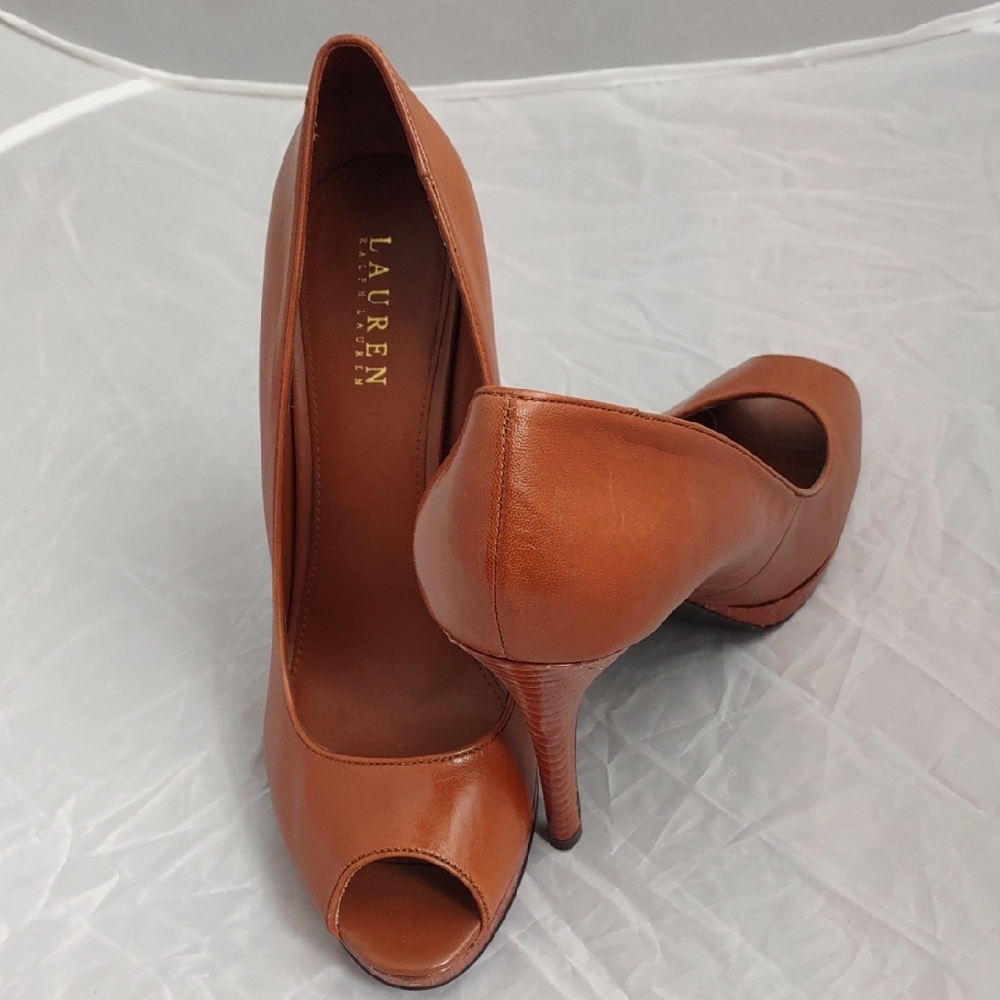Ralph Lauren Brown Peep-Toe Leather Heels